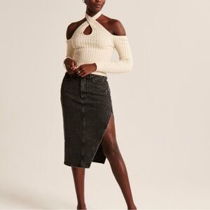 Abercrombie & Fitch High-Slit Denim Midi Skirt Low Rise Sz 28 Black NWOT Modern